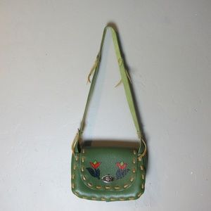 Green leather Boho Hippie floral handbag